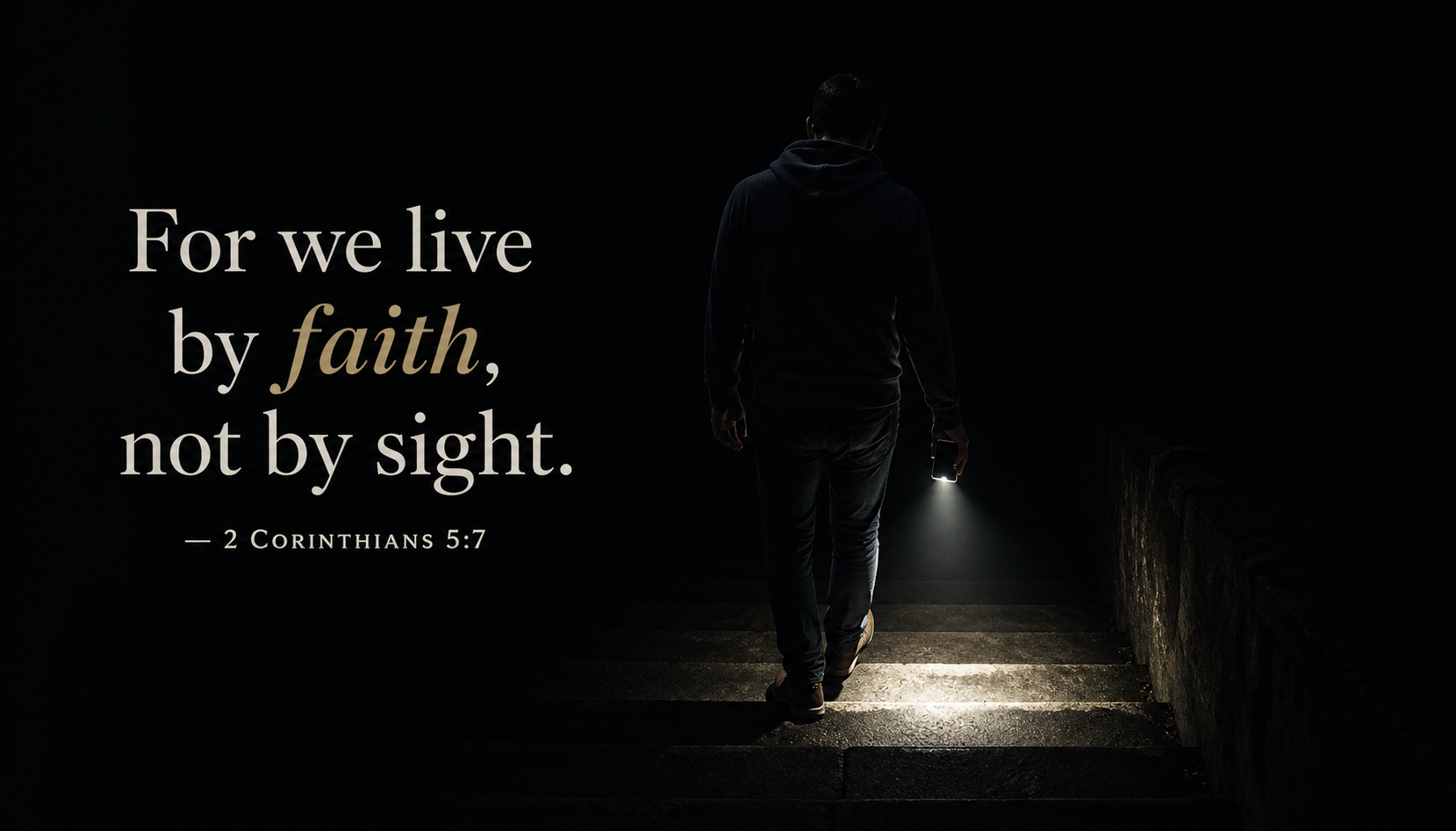 Person walking down stairs in darkness with only a phone flashlight illuminating the next step with 2 Corinthians 5:7 verse about living by faith not sight